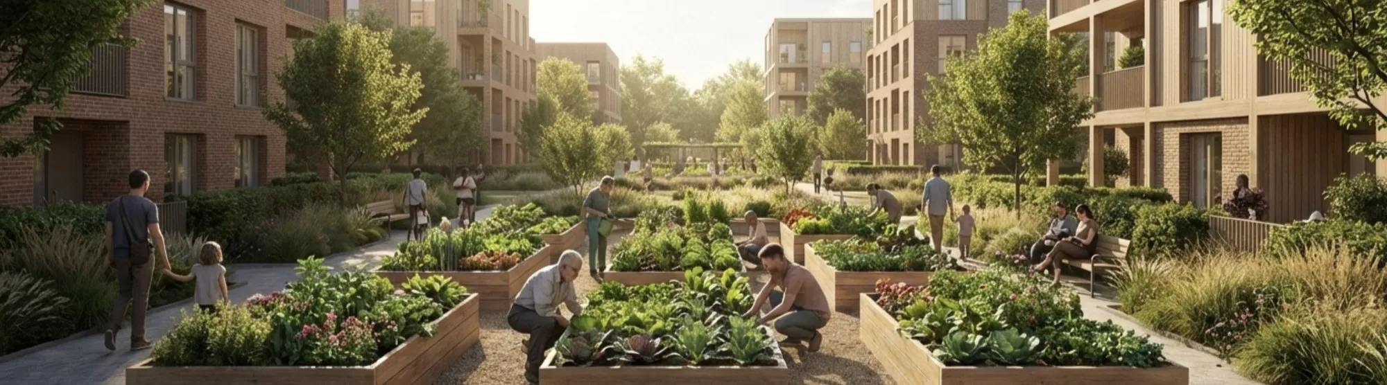 Residents tending raised garden beds between homes.