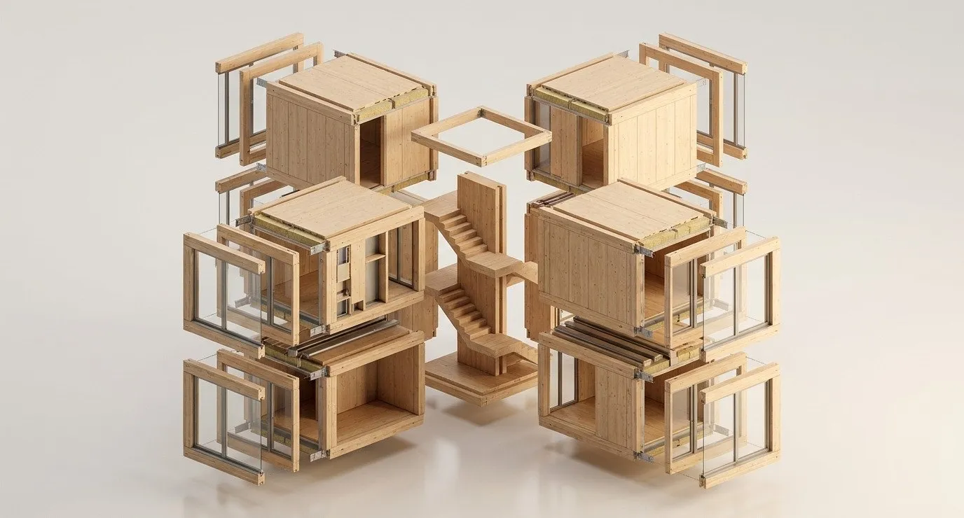 An exploded view of a home building kit: modules, windows, stairs, and panels.