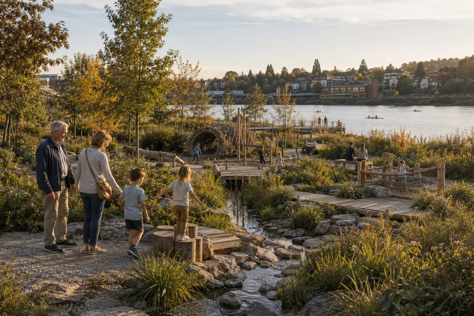 Families and grandparents on a restored riverfront commons with paths and planting.