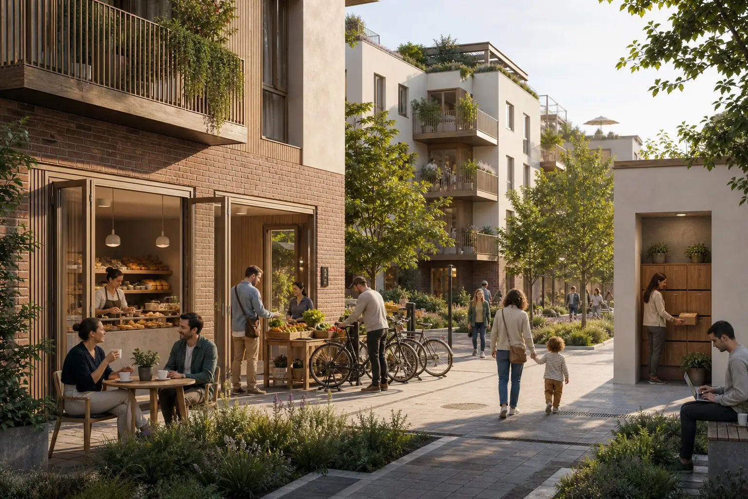 A tree-lined street with cafes, bakeries, bikes and families walking between low-rise homes.