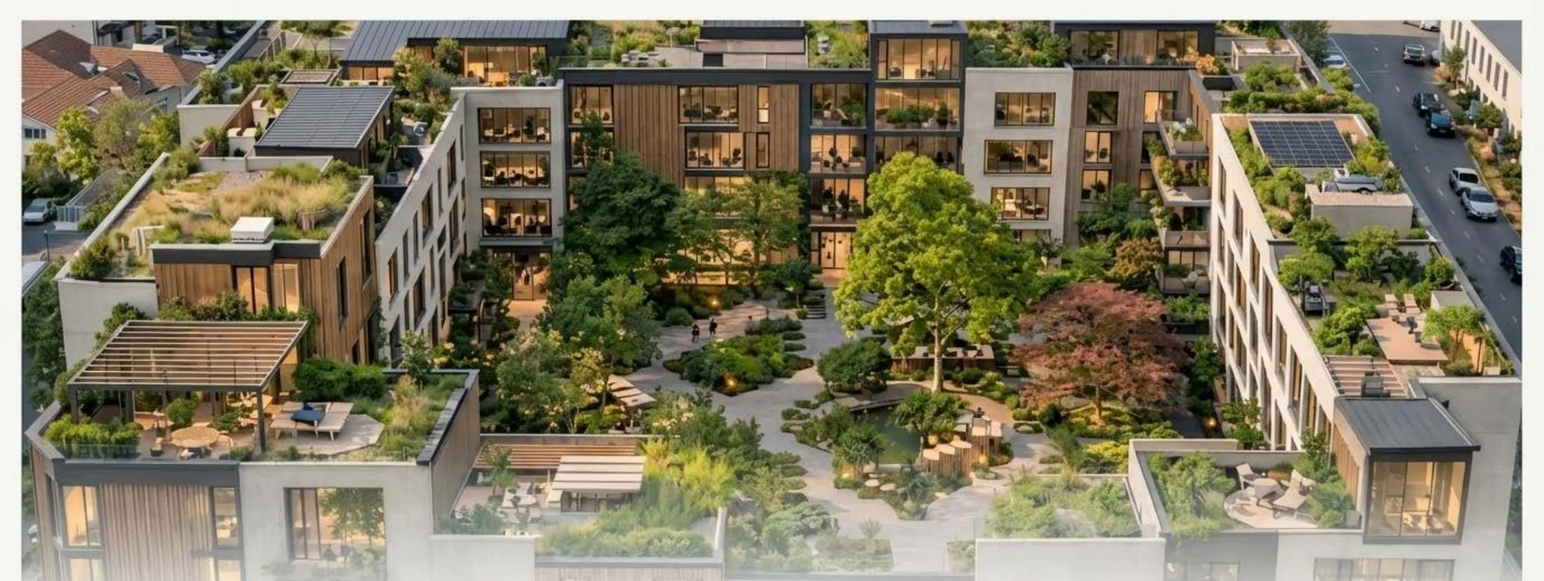 Aerial rendering of a green, low-rise neighborhood block with rooftop gardens and an interior courtyard.