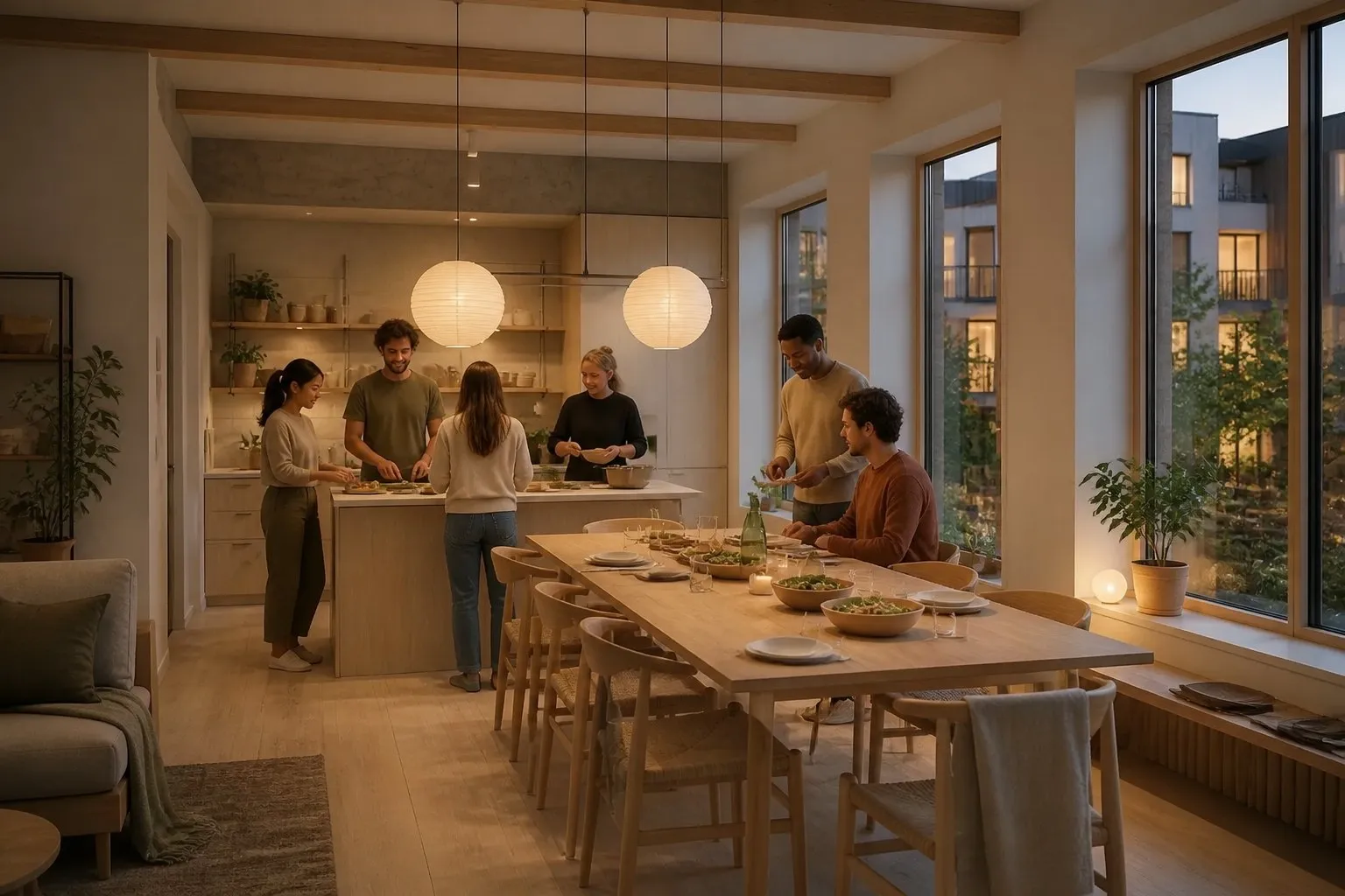 Residents cooking together around a shared kitchen and long table.