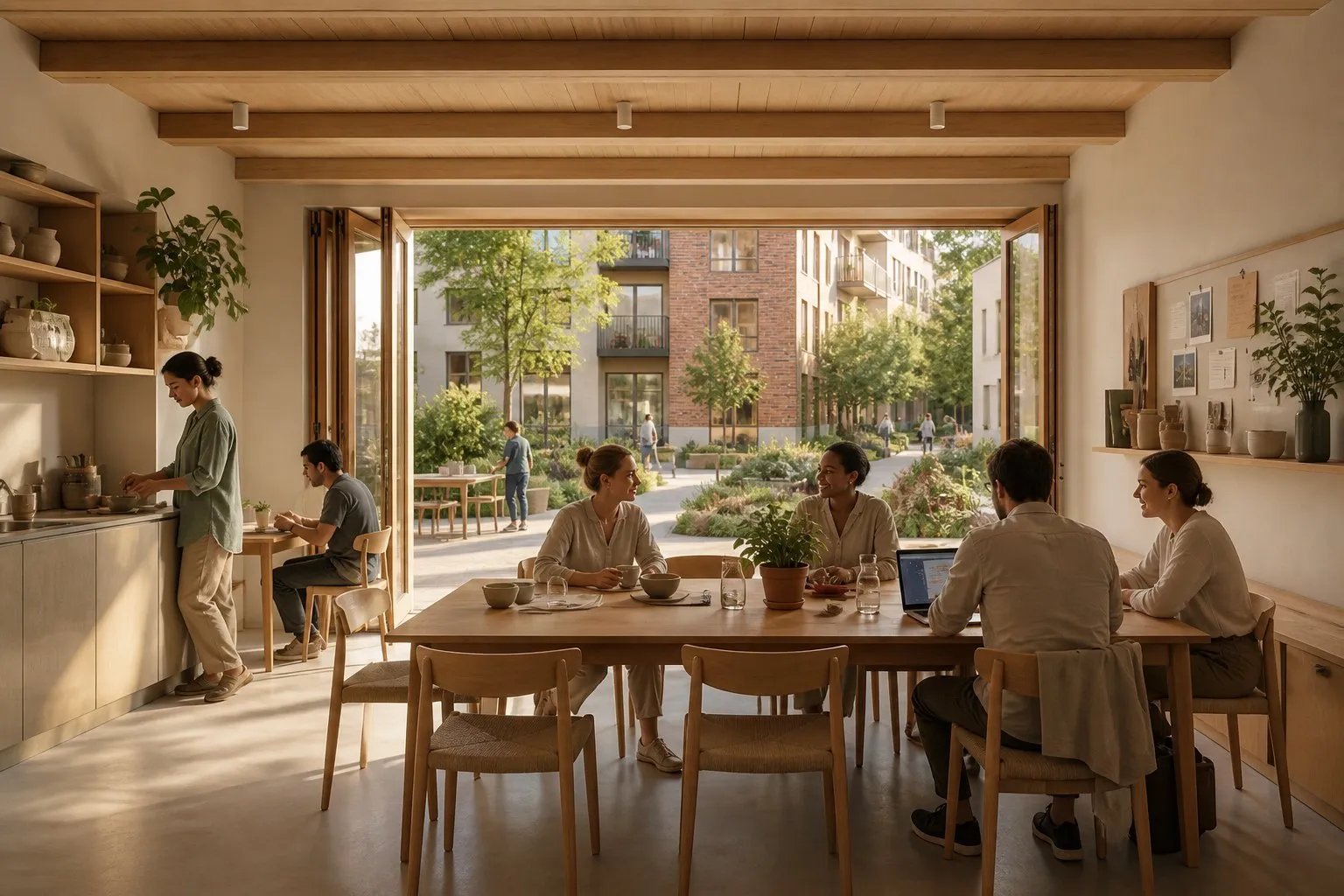 A warm shared common room with a long table opening onto a planted residential courtyard.
