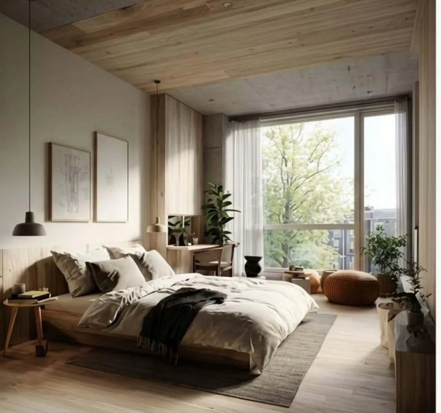 A light-filled bedroom with timber ceiling, linen bedding, and a tree-framed window.