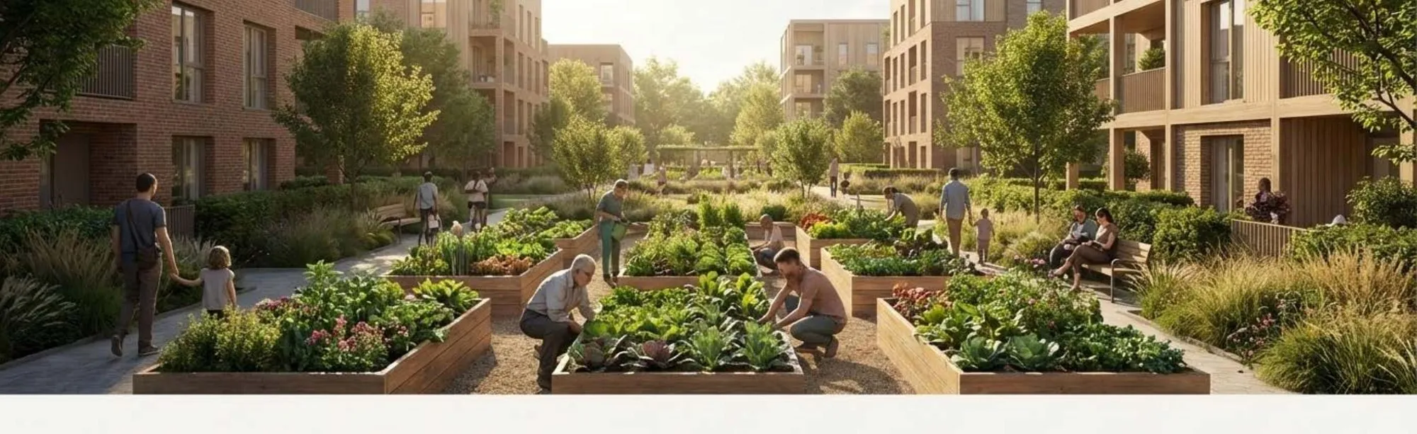 A community garden with raised beds, residents tending vegetables, framed by neighborhood buildings on either side.