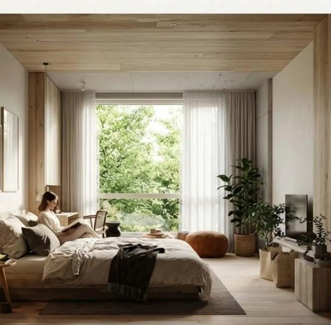 A serene Nordic bedroom with timber ceilings, linen bedding, and natural light.