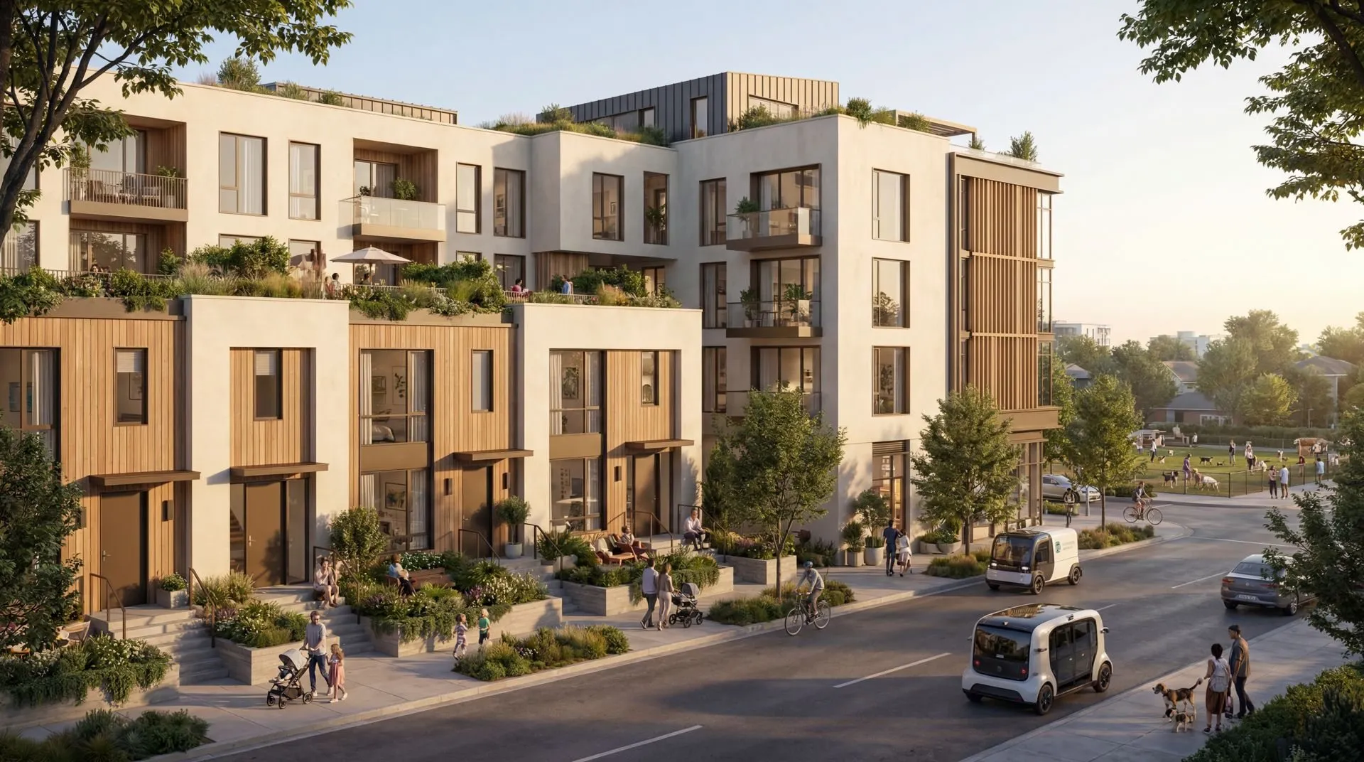 Townhomes with front doors on the street.