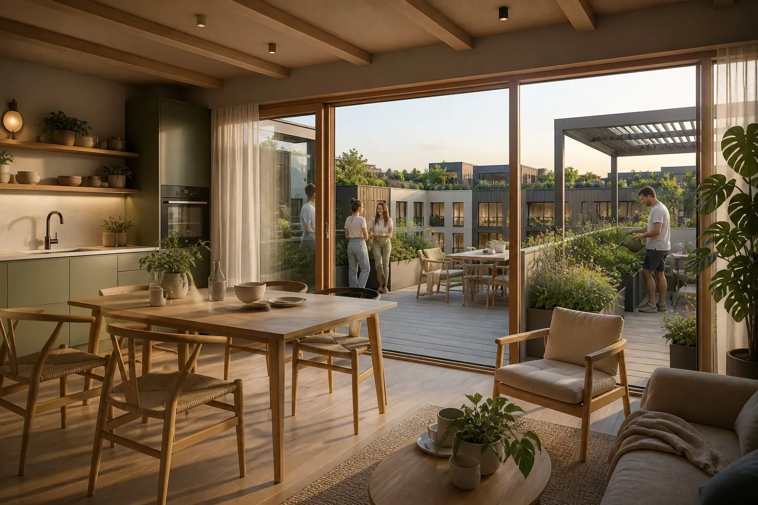 A shared rooftop room opening onto a planted terrace.