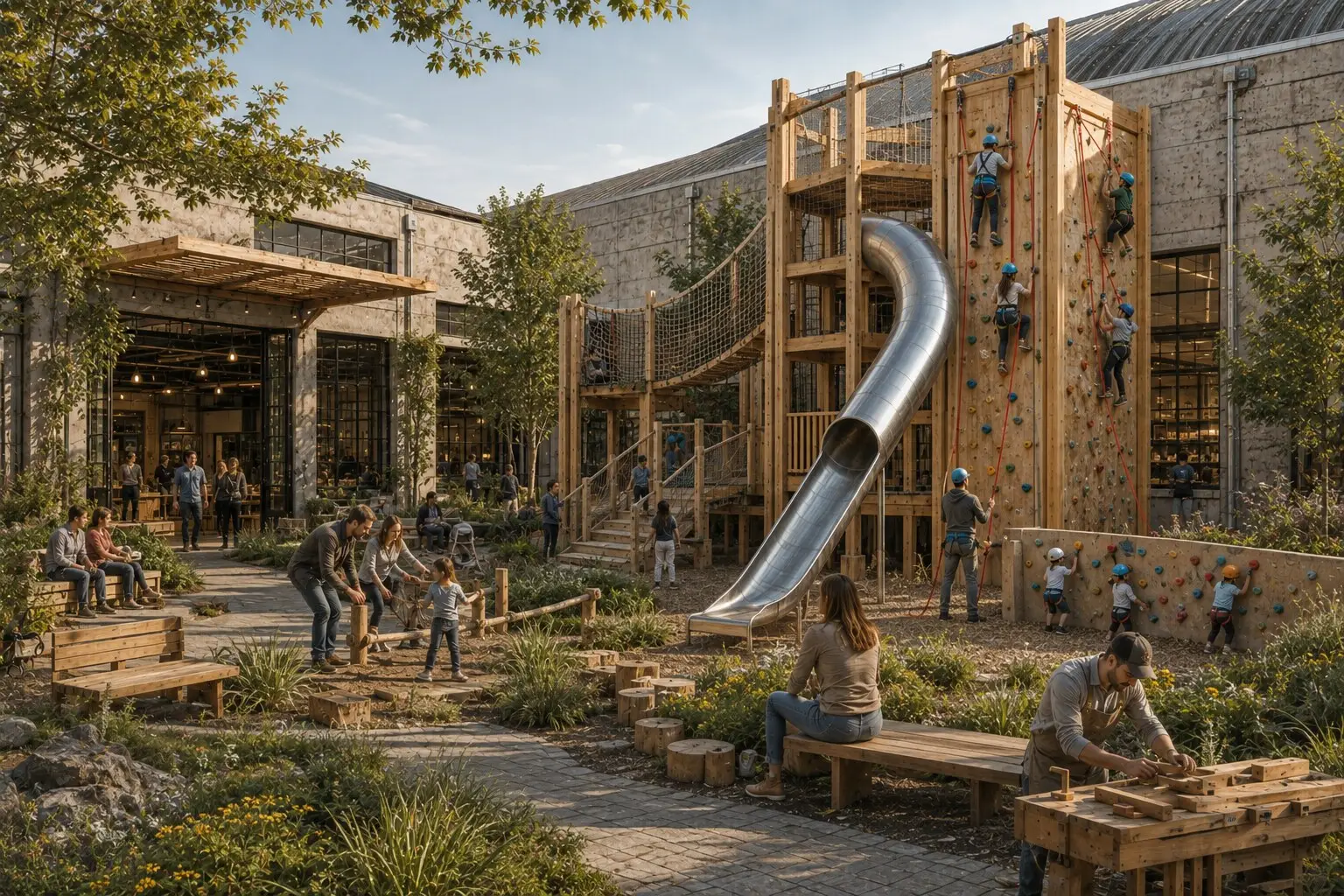 A timber play structure with climbing walls and a slide in a landscaped courtyard beside reused warehouses.